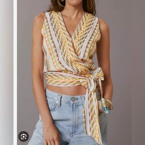 Anthropologie - Sleeveless Wrap Top with Yellow and White Pattern